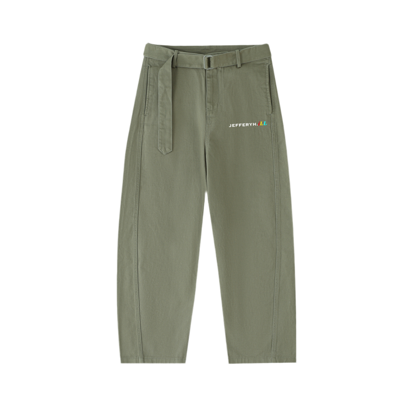 Twisted-Seam Belted Curved-Blade Pants